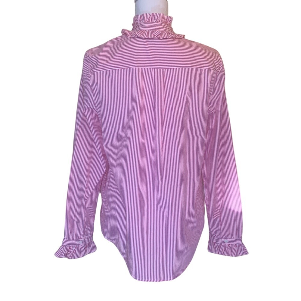 J.Crew Pink White Striped Ruffle Neck Button Down Shirt  Cotton Small - Picture 3 of 7